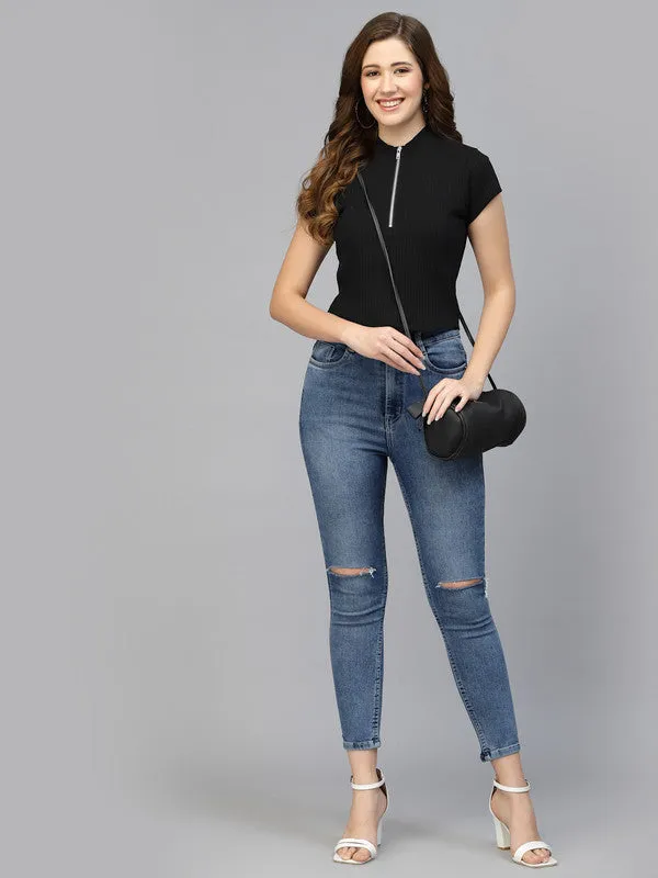 Women Black Odour Free Zipper Neck Top