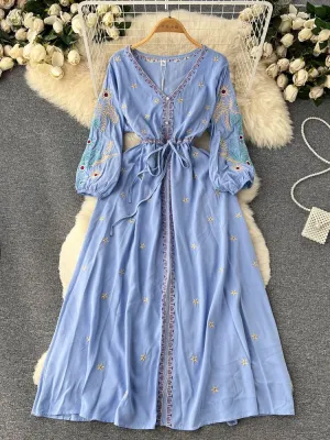 Women Bohemian Embroidery Lace Up Vestidos Dress