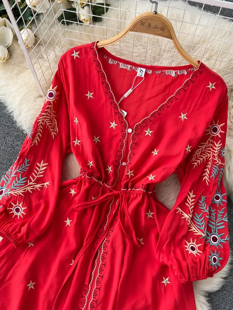 Women Bohemian Embroidery Lace Up Vestidos Dress