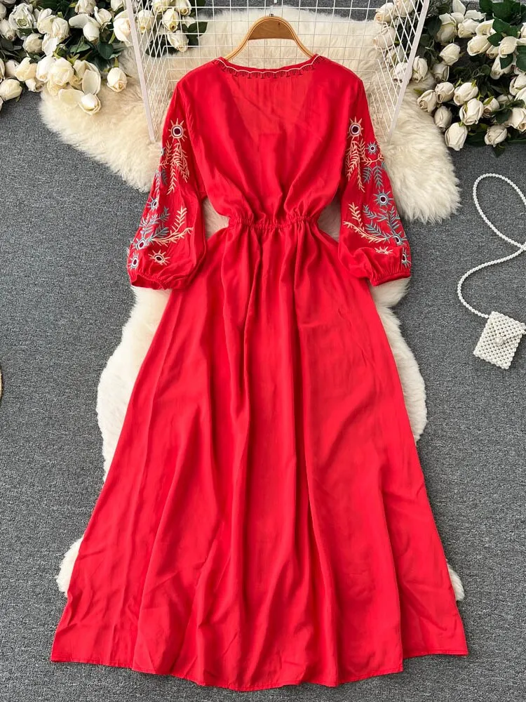 Women Bohemian Embroidery Lace Up Vestidos Dress
