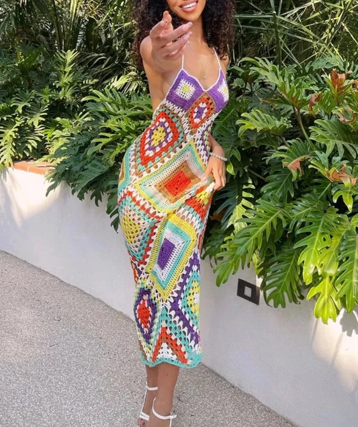 Women Bohemian Handmade Crochet Knitted Maxi Dress