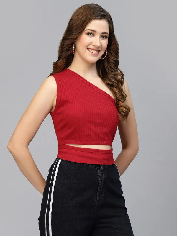 Women Red Odour Free  One Shoulder Crop Top