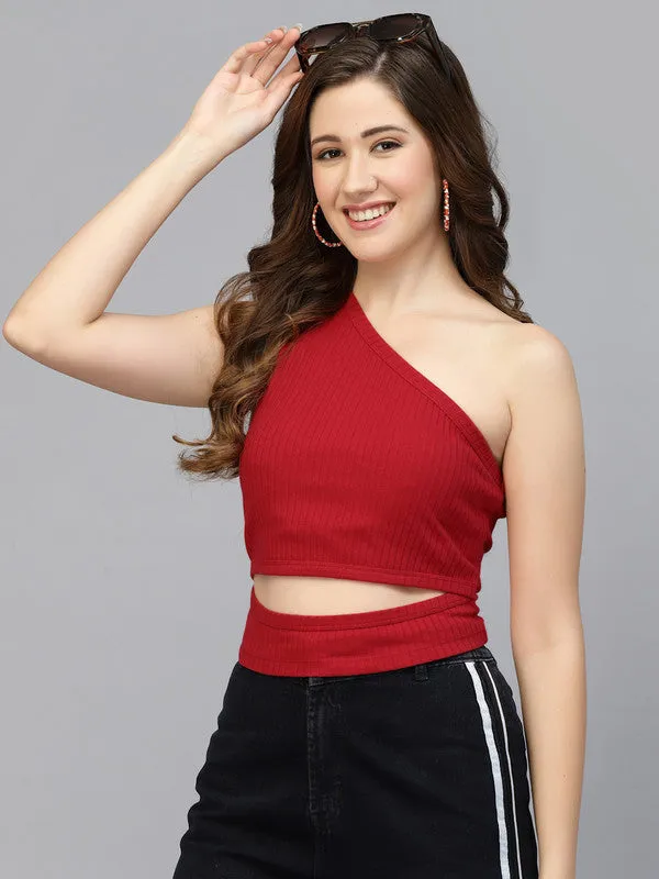 Women Red Odour Free  One Shoulder Crop Top