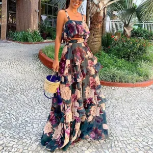 Women Summer Boho Beach Two Piece Set Sexy Skirt Set Crop Top Maxi Long Skirt Floral Printed Ruffles High Waist Casual Two Piece