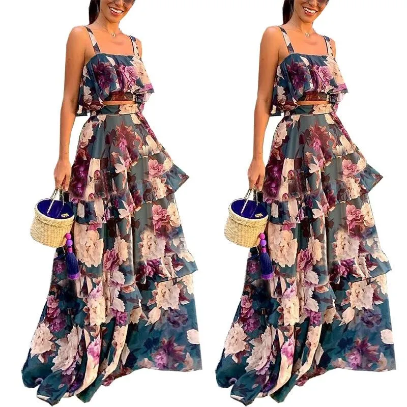 Women Summer Boho Beach Two Piece Set Sexy Skirt Set Crop Top Maxi Long Skirt Floral Printed Ruffles High Waist Casual Two Piece