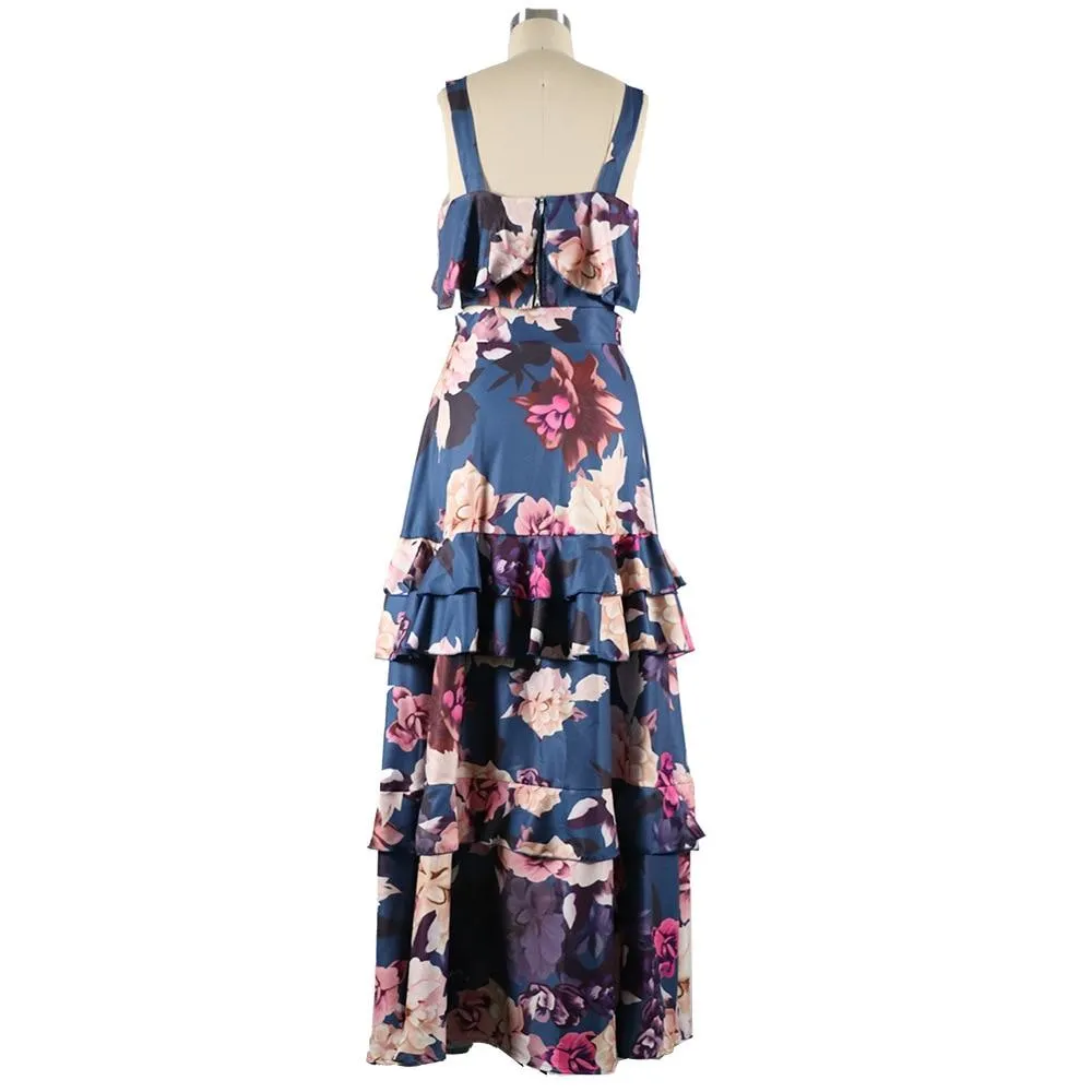 Women Summer Boho Beach Two Piece Set Sexy Skirt Set Crop Top Maxi Long Skirt Floral Printed Ruffles High Waist Casual Two Piece