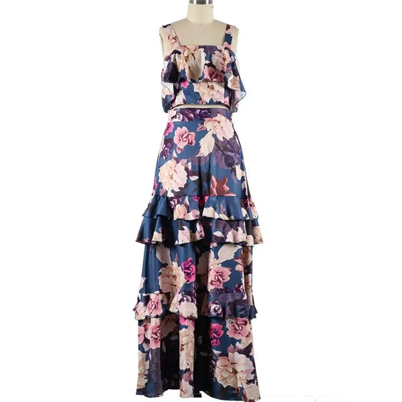 Women Summer Boho Beach Two Piece Set Sexy Skirt Set Crop Top Maxi Long Skirt Floral Printed Ruffles High Waist Casual Two Piece