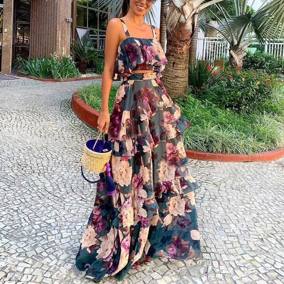 Women Summer Boho Beach Two Piece Set Sexy Skirt Set Crop Top Maxi Long Skirt Floral Printed Ruffles High Waist Casual Two Piece