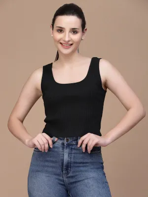 Women U Neck Black Tank Top
