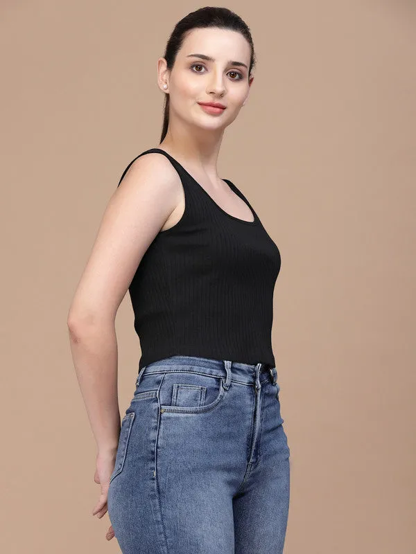 Women U Neck Black Tank Top