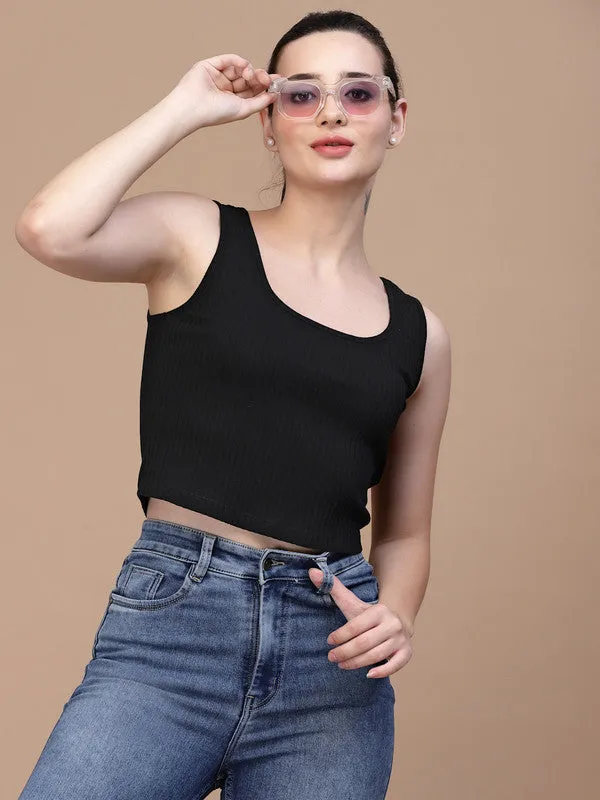 Women U Neck Black Tank Top