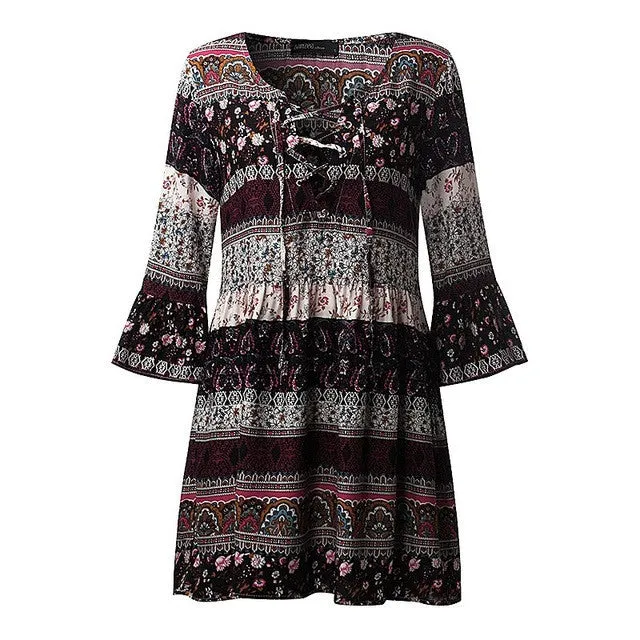 Women Vintage Floral Print Party Mini Dress