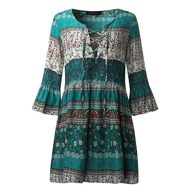 Women Vintage Floral Print Party Mini Dress