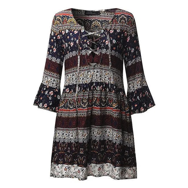 Women Vintage Floral Print Party Mini Dress