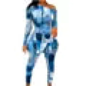 Women's Fashion Printed Shoulder Long Sleeve Hem Split Top Suit Features: