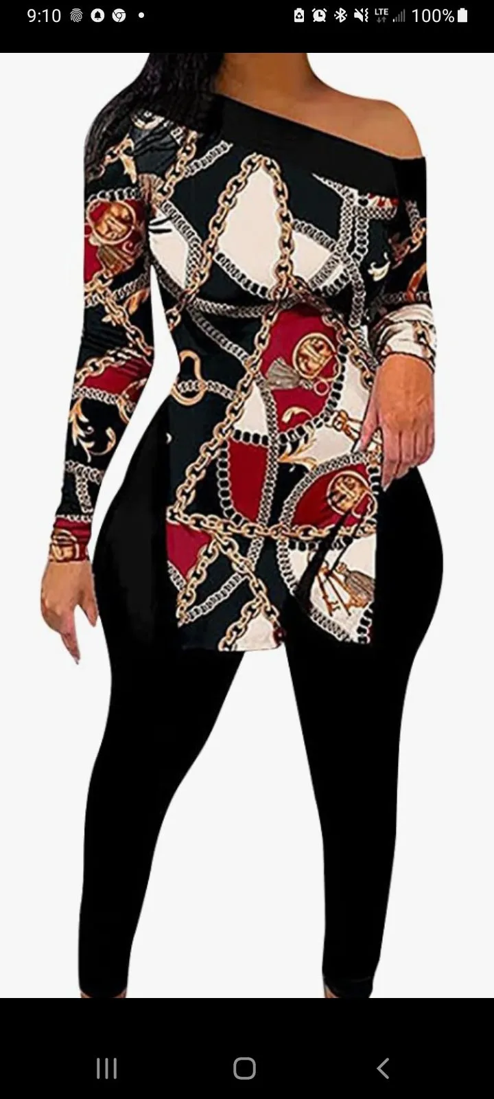 Women's Fashion Printed Shoulder Long Sleeve Hem Split Top Suit Features: