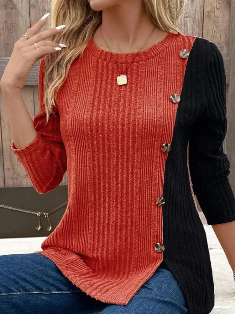 Women's Round Neck Long Sleeved Color Blocked Button T-shirt Daily Office Casual Comfortable Autumn Top