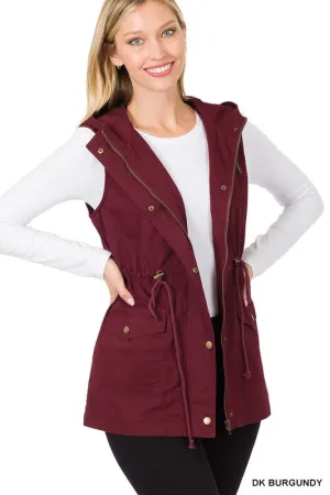 Zenana Drawstring Waist Military Hoodie Vest