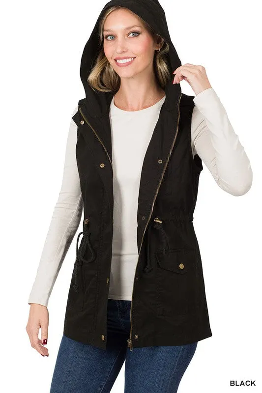 Zenana Drawstring Waist Military Hoodie Vest