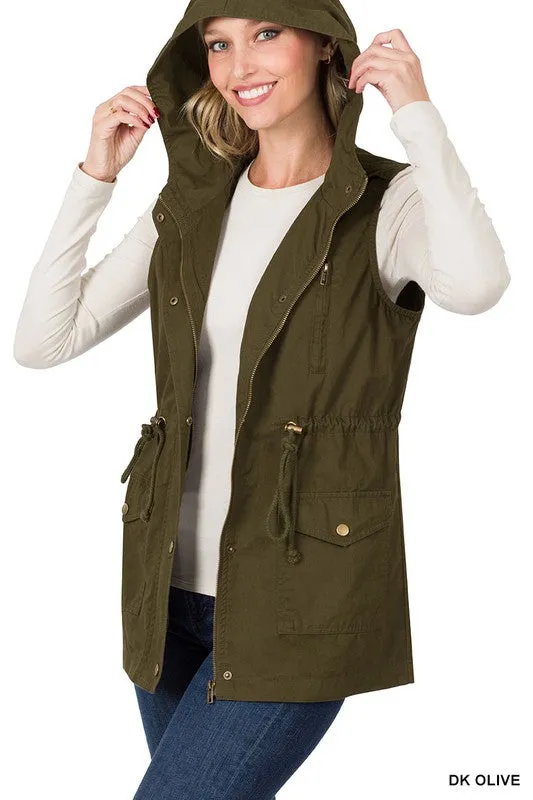 Zenana Drawstring Waist Military Hoodie Vest