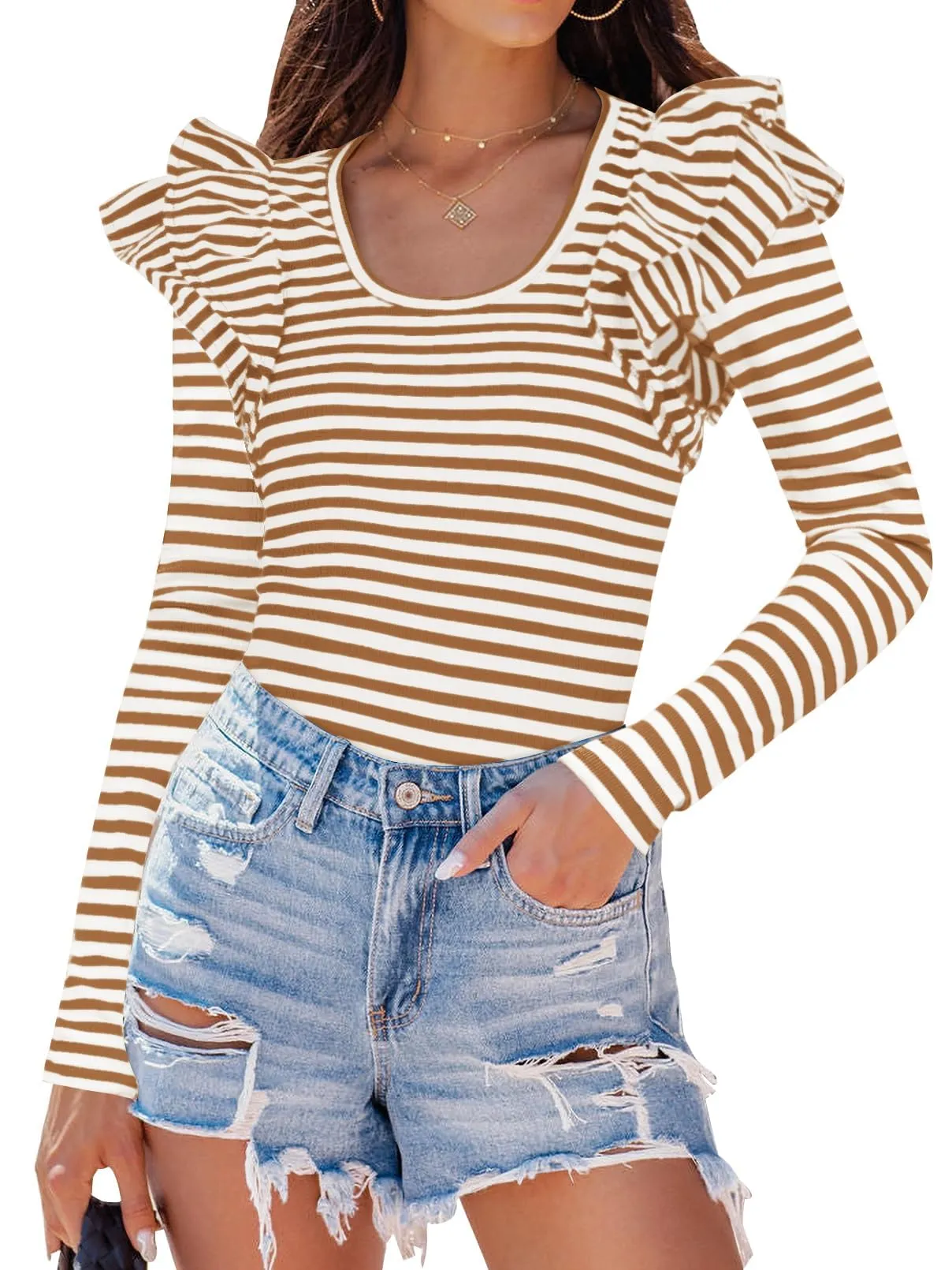 ZESICA Neck Shirt Striped Slim Fitted Casual Basic Tee Tops