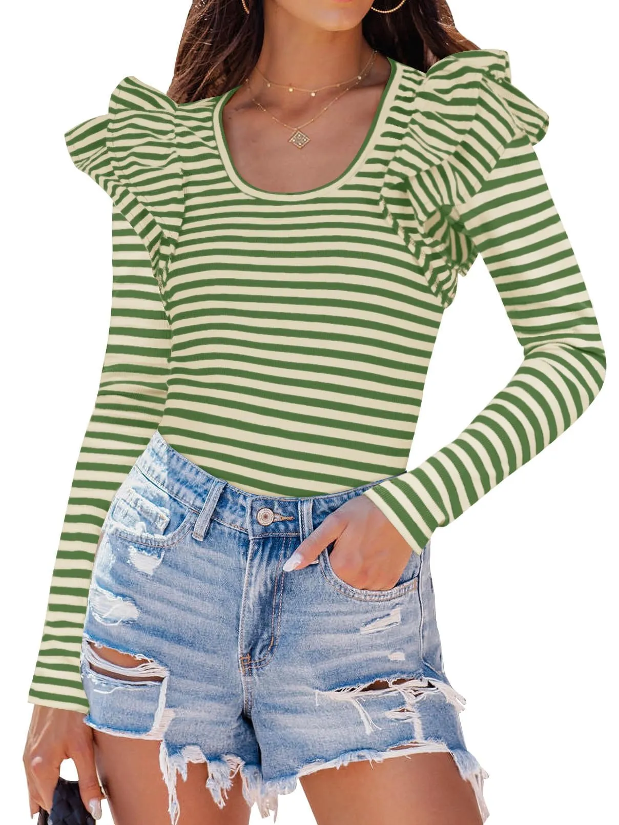 ZESICA Neck Shirt Striped Slim Fitted Casual Basic Tee Tops