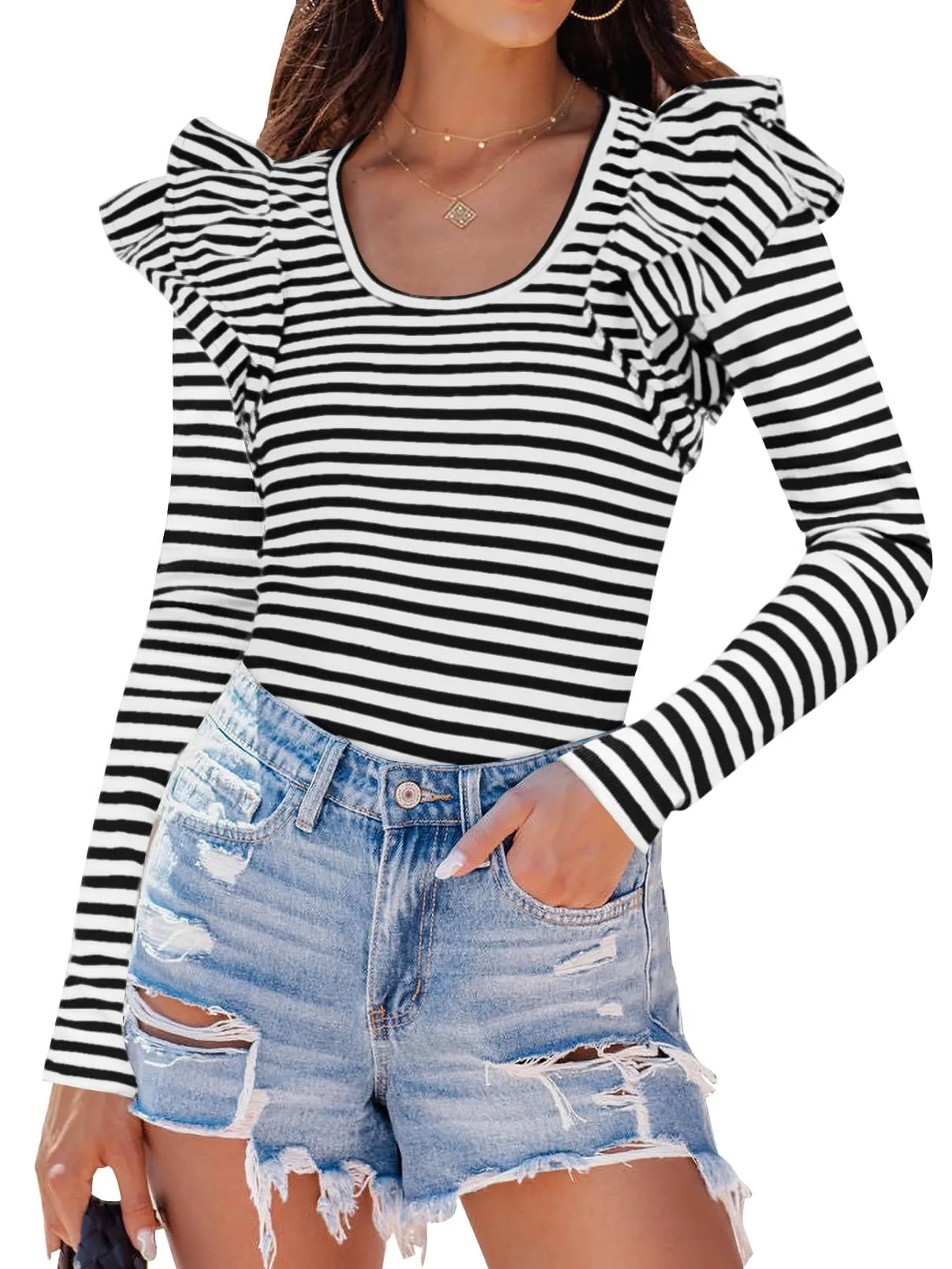 ZESICA Neck Shirt Striped Slim Fitted Casual Basic Tee Tops