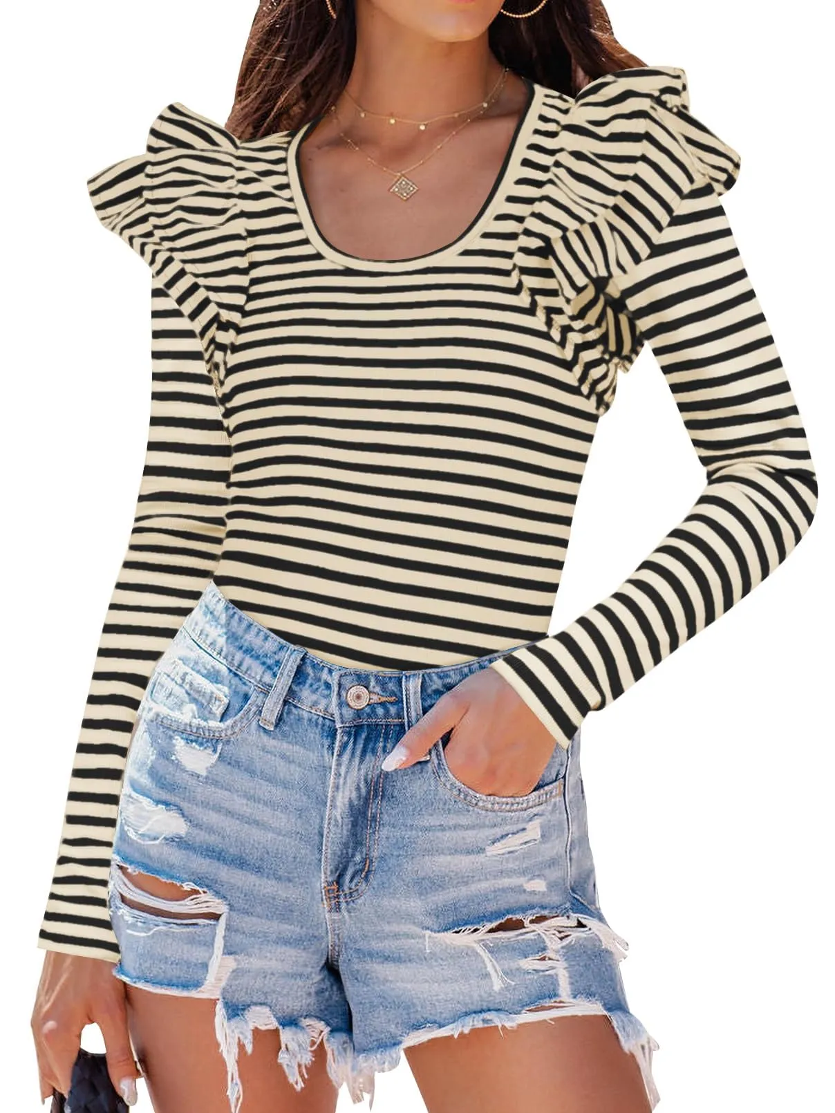 ZESICA Neck Shirt Striped Slim Fitted Casual Basic Tee Tops