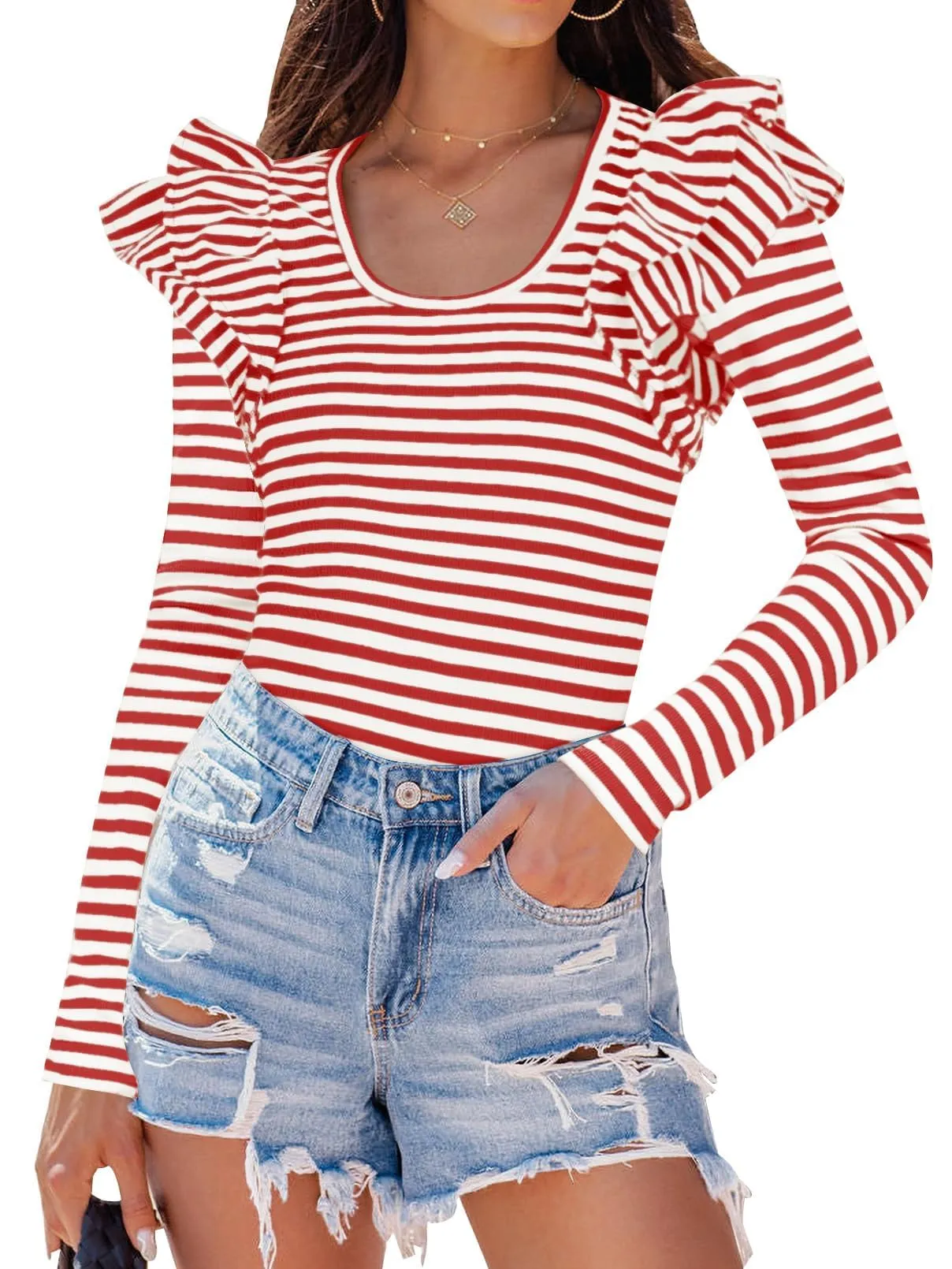 ZESICA Neck Shirt Striped Slim Fitted Casual Basic Tee Tops