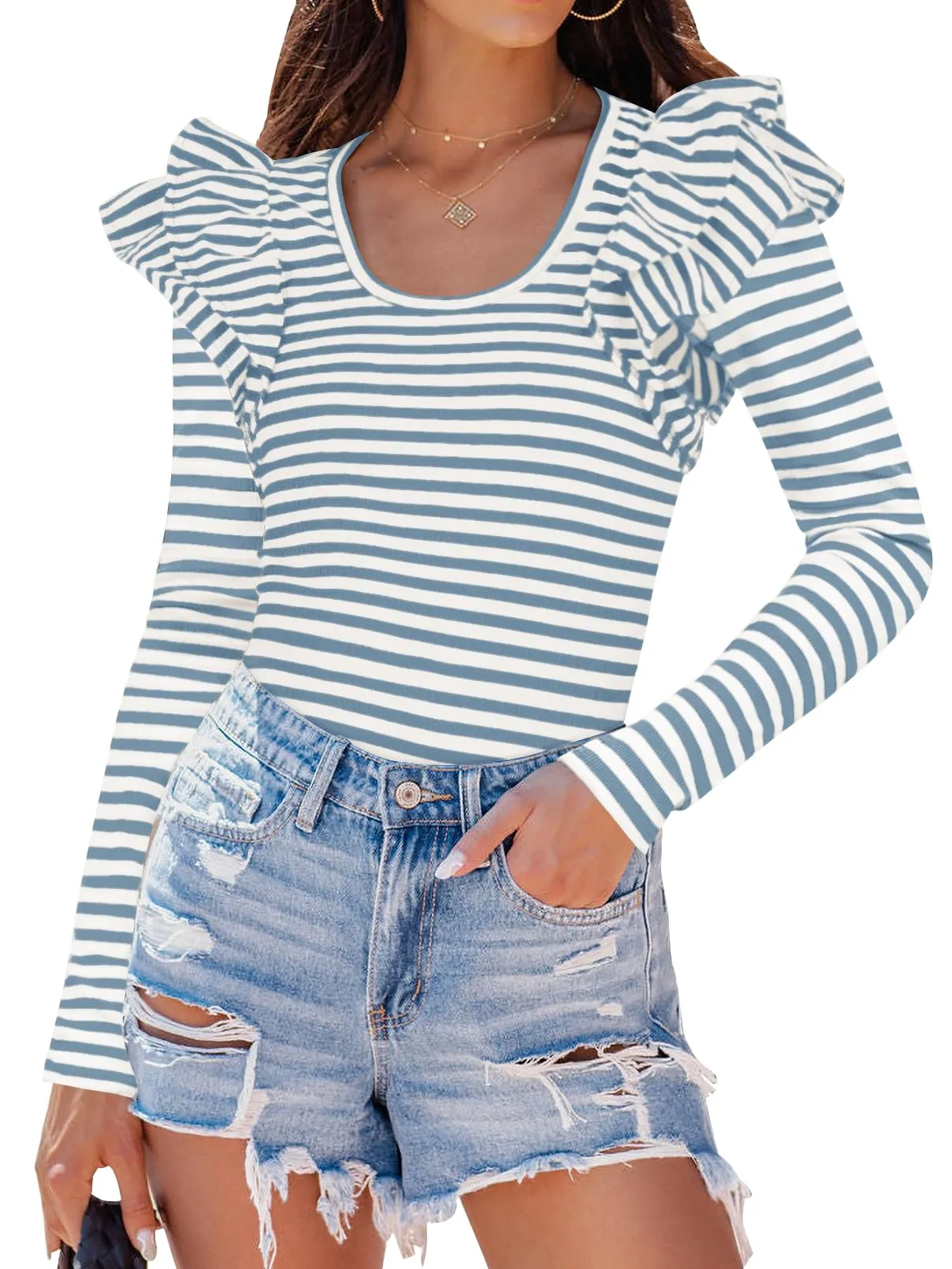 ZESICA Neck Shirt Striped Slim Fitted Casual Basic Tee Tops